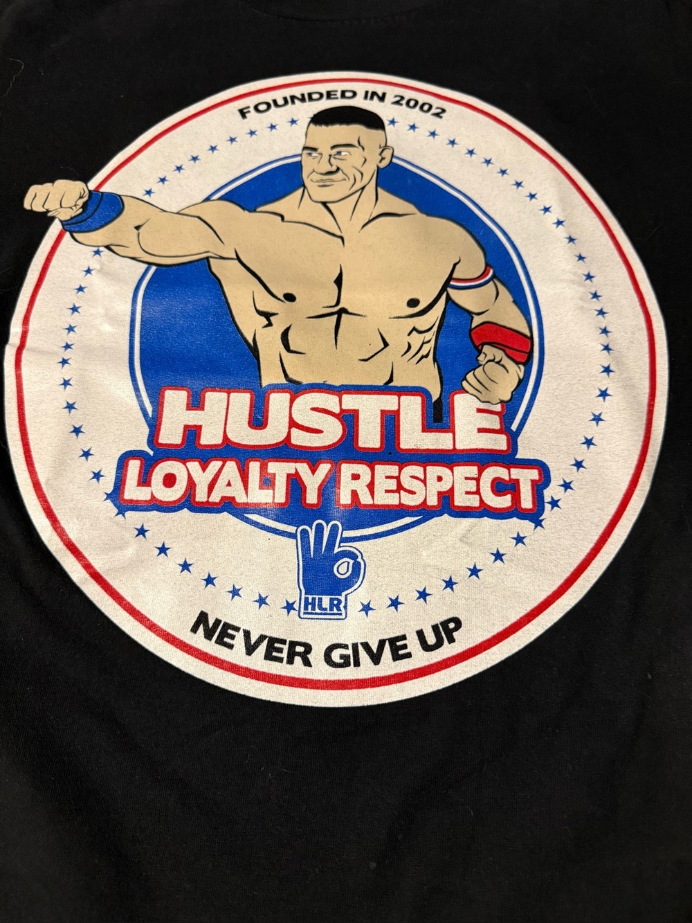 John Cena, WWE Hustle Loyalty Respect Graphic Tee - Black with Red & Blue Print
